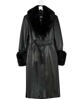 MANGO Black Leather-effect Coat With Fur-effect Trim UK S