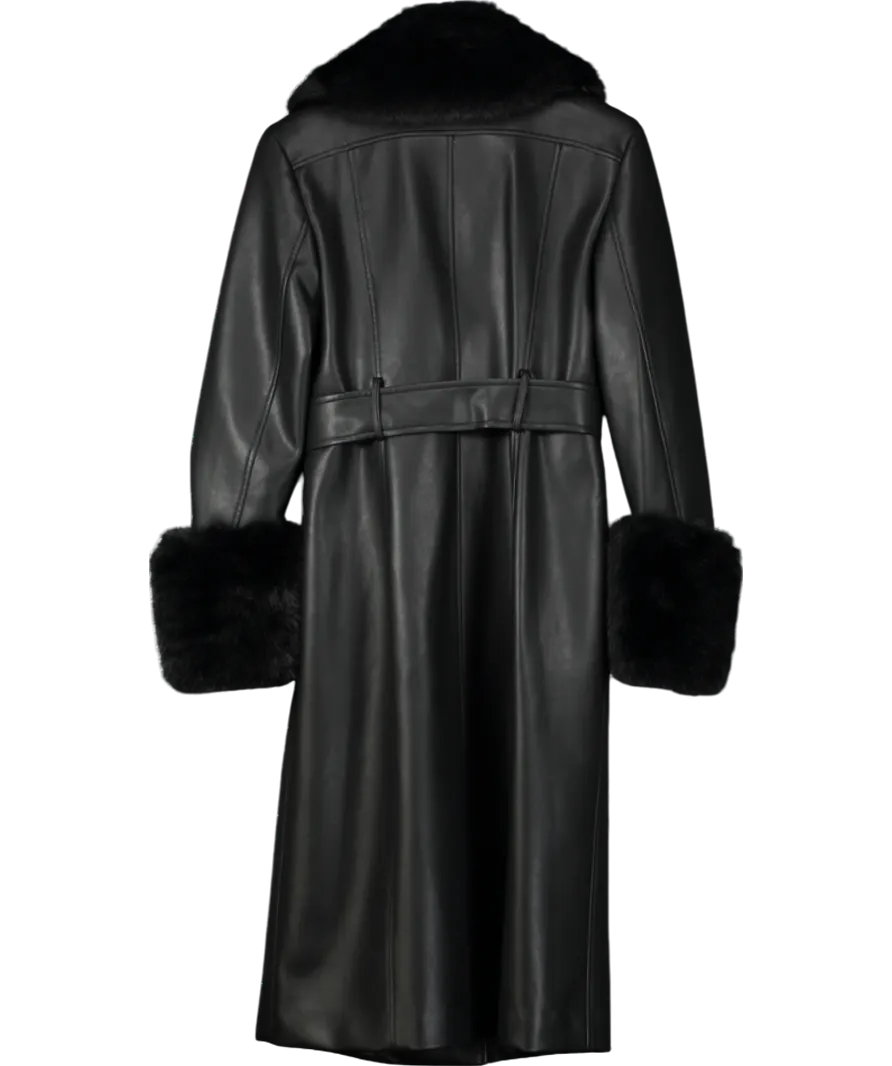 MANGO Black Leather-effect Coat With Fur-effect Trim UK S