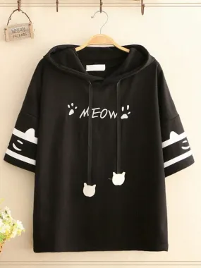 Metaversmall Black Short Sleeve Hooded Sweatshirts For Women Cartoon Print Drawstring Cotton Hoodies Streetwear Casual Tracksuits Female