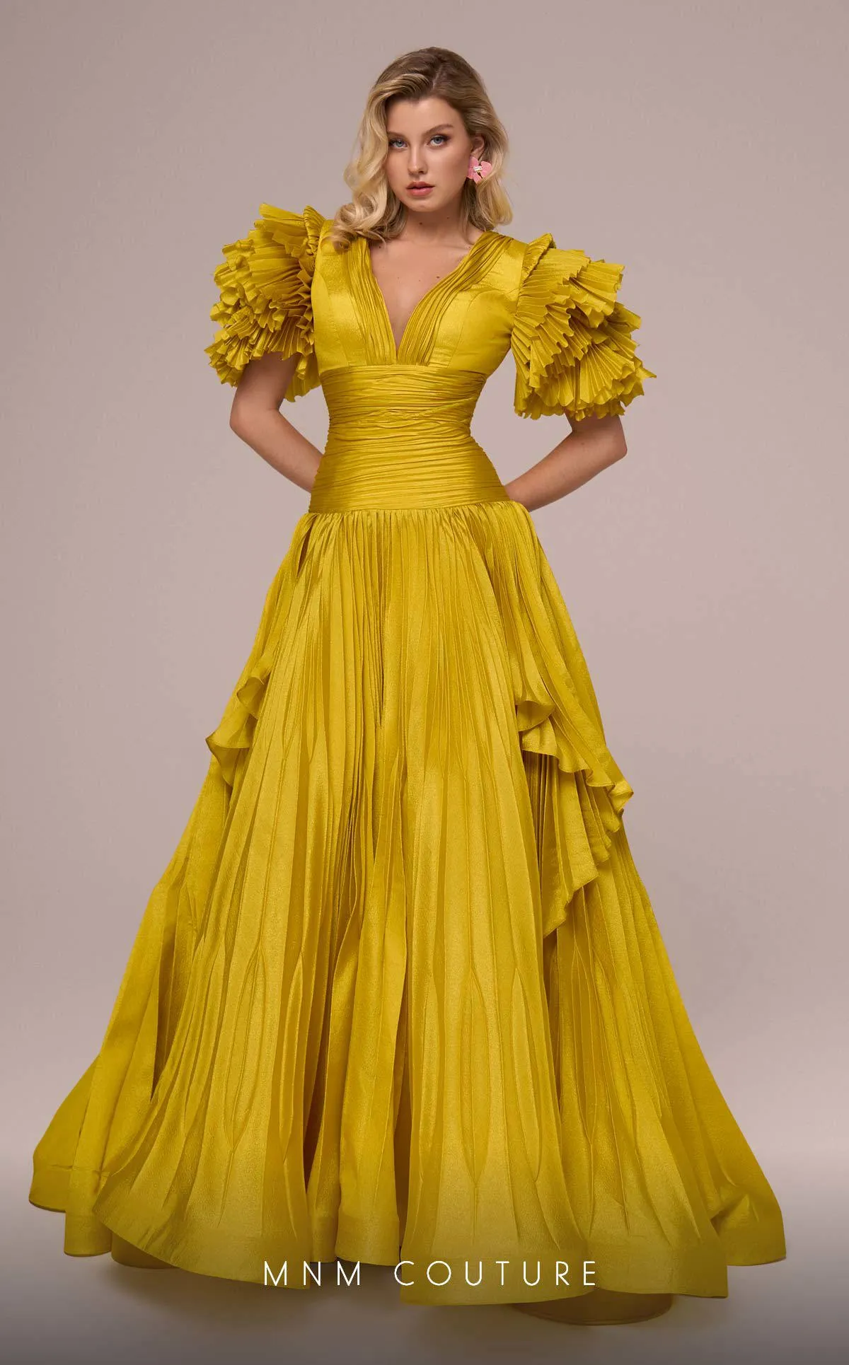 MNM Couture F02885 : V-neck Accordion Pleat Gown