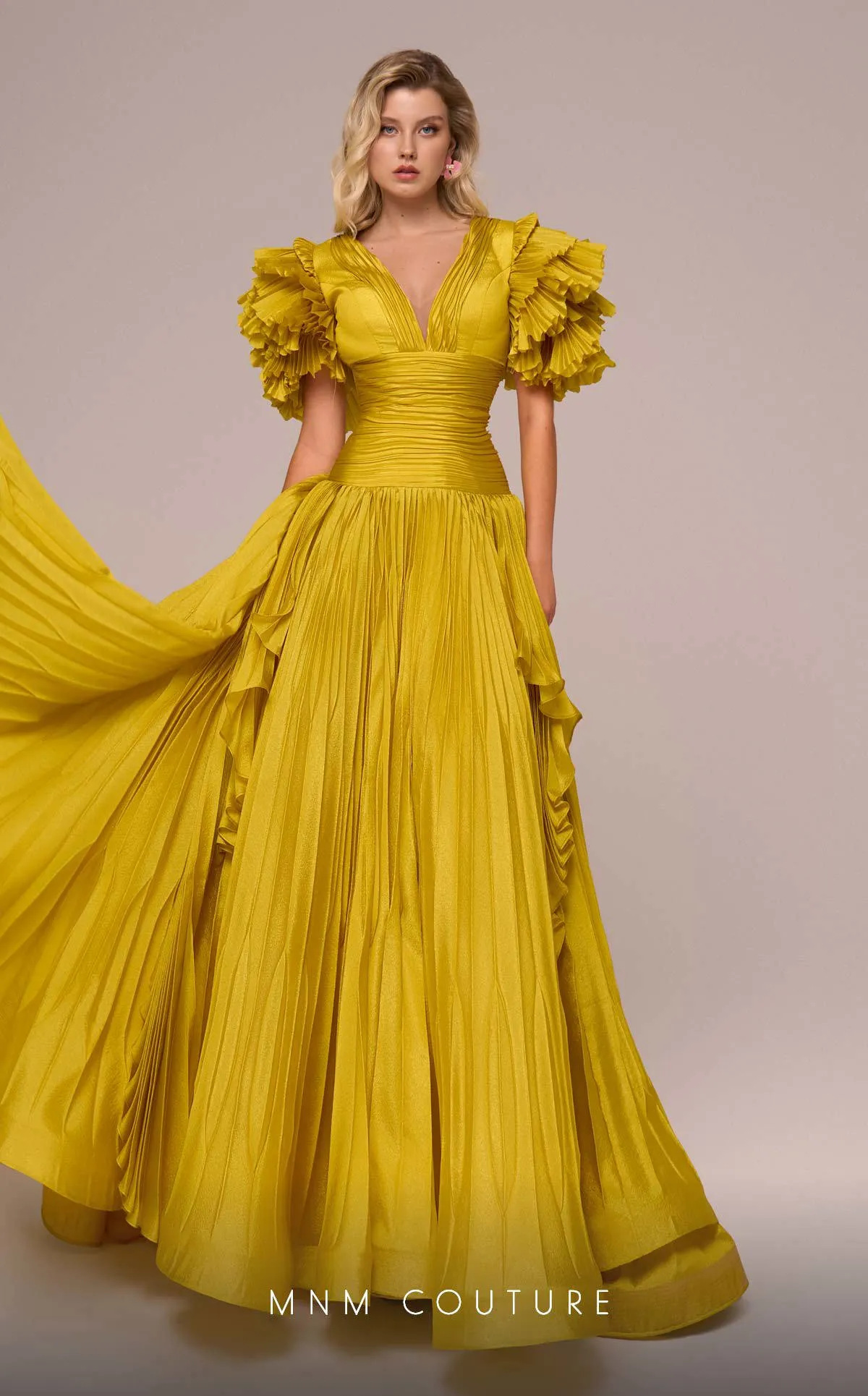 MNM Couture F02885 : V-neck Accordion Pleat Gown