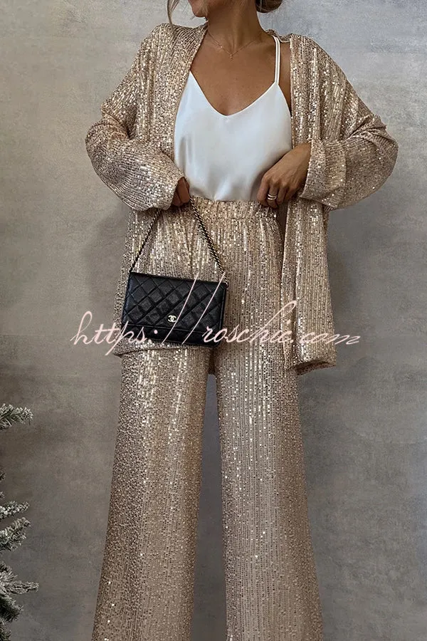 Party Scene Sequin High Rise Elastic Waist Wide Leg  Pants