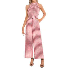 Red Striped Halter Neck Buckle Belted Jumpsuit