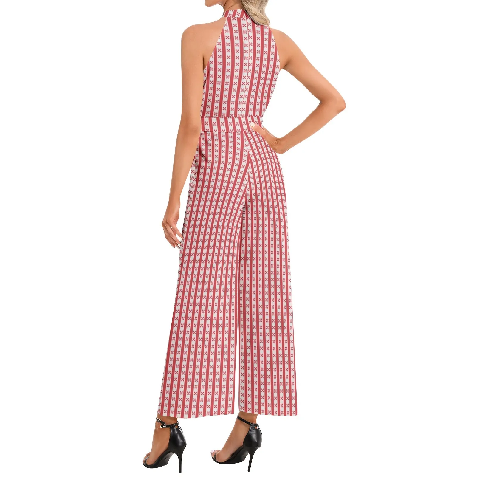 Red Striped Halter Neck Buckle Belted Jumpsuit