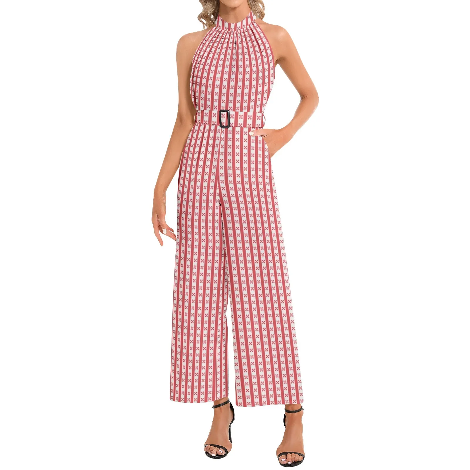 Red Striped Halter Neck Buckle Belted Jumpsuit