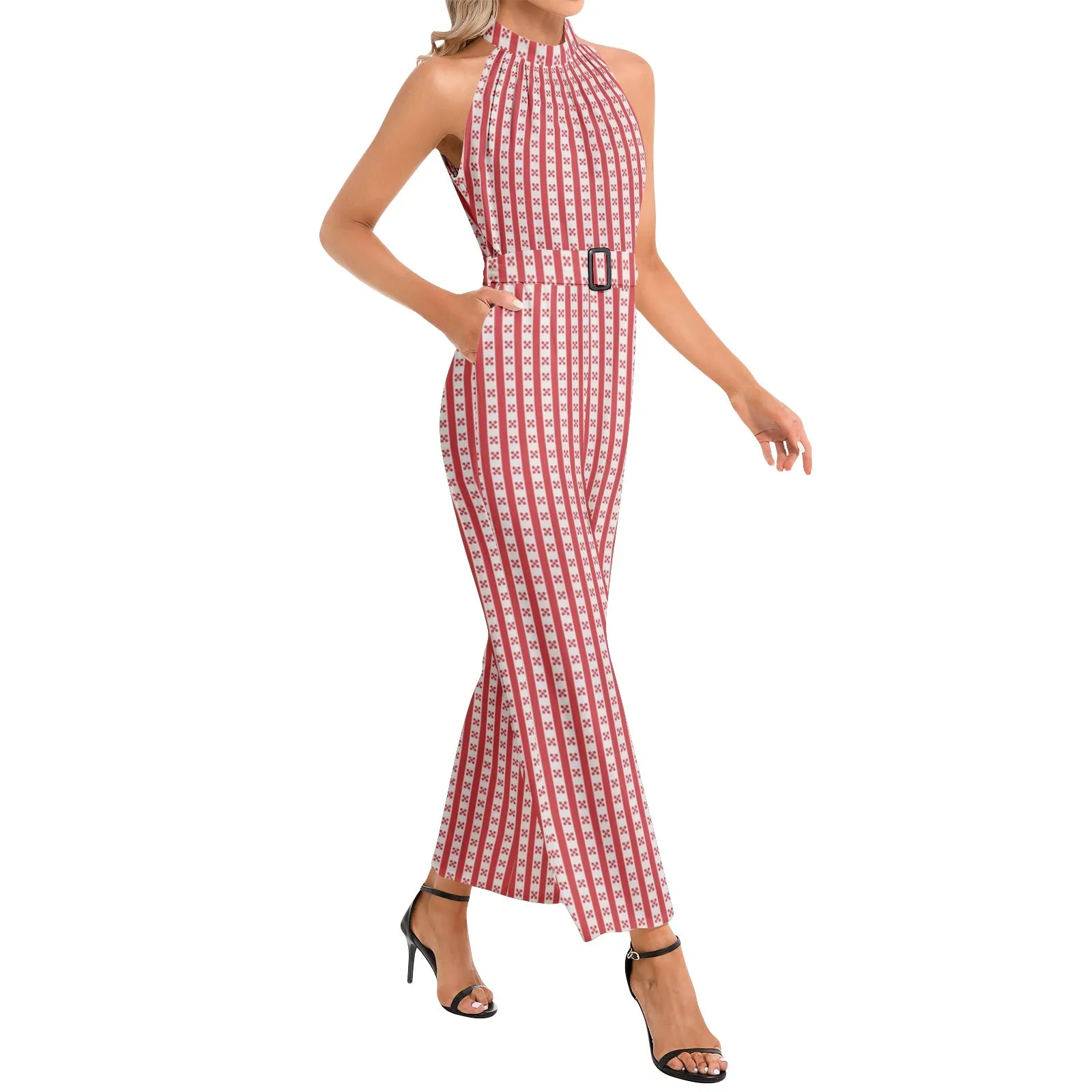 Red Striped Halter Neck Buckle Belted Jumpsuit