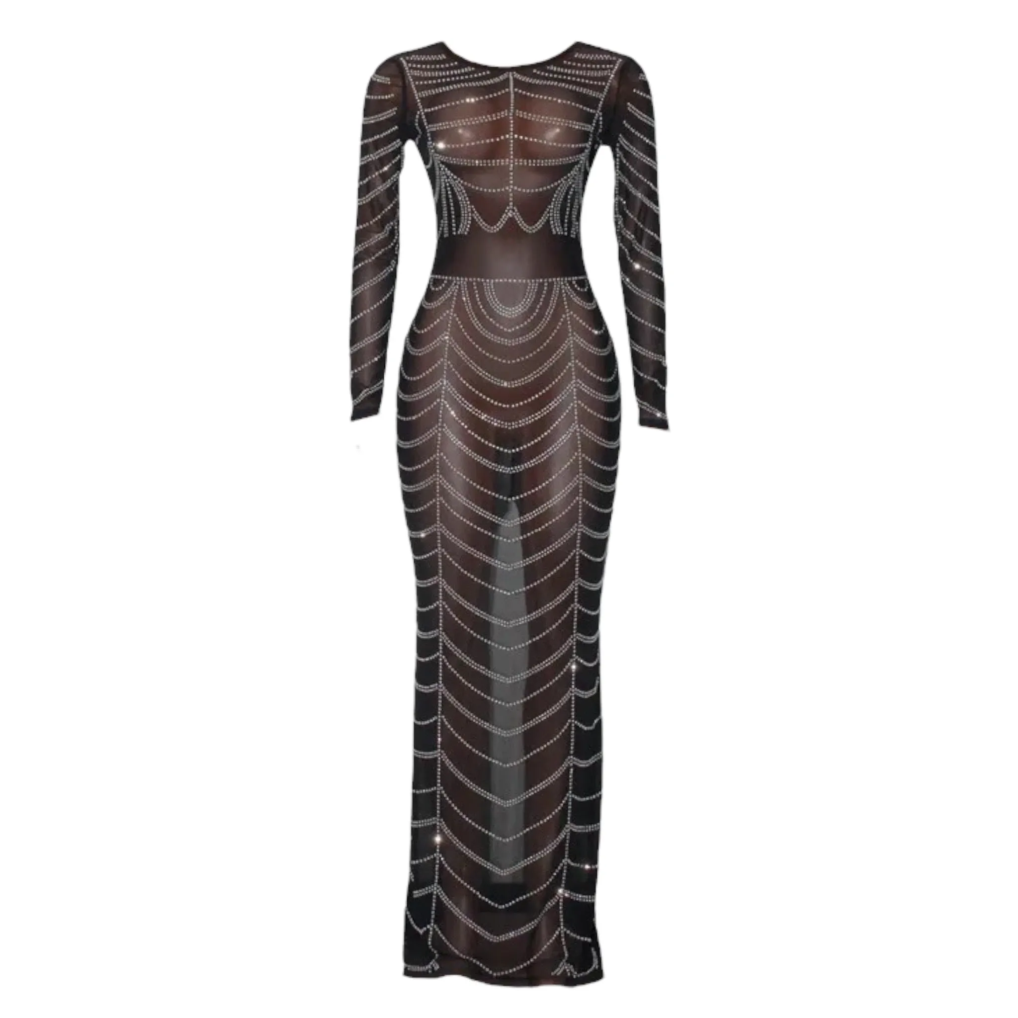 Rhinestone Decorated Long Sleeved Mesh Bodycon Dress
