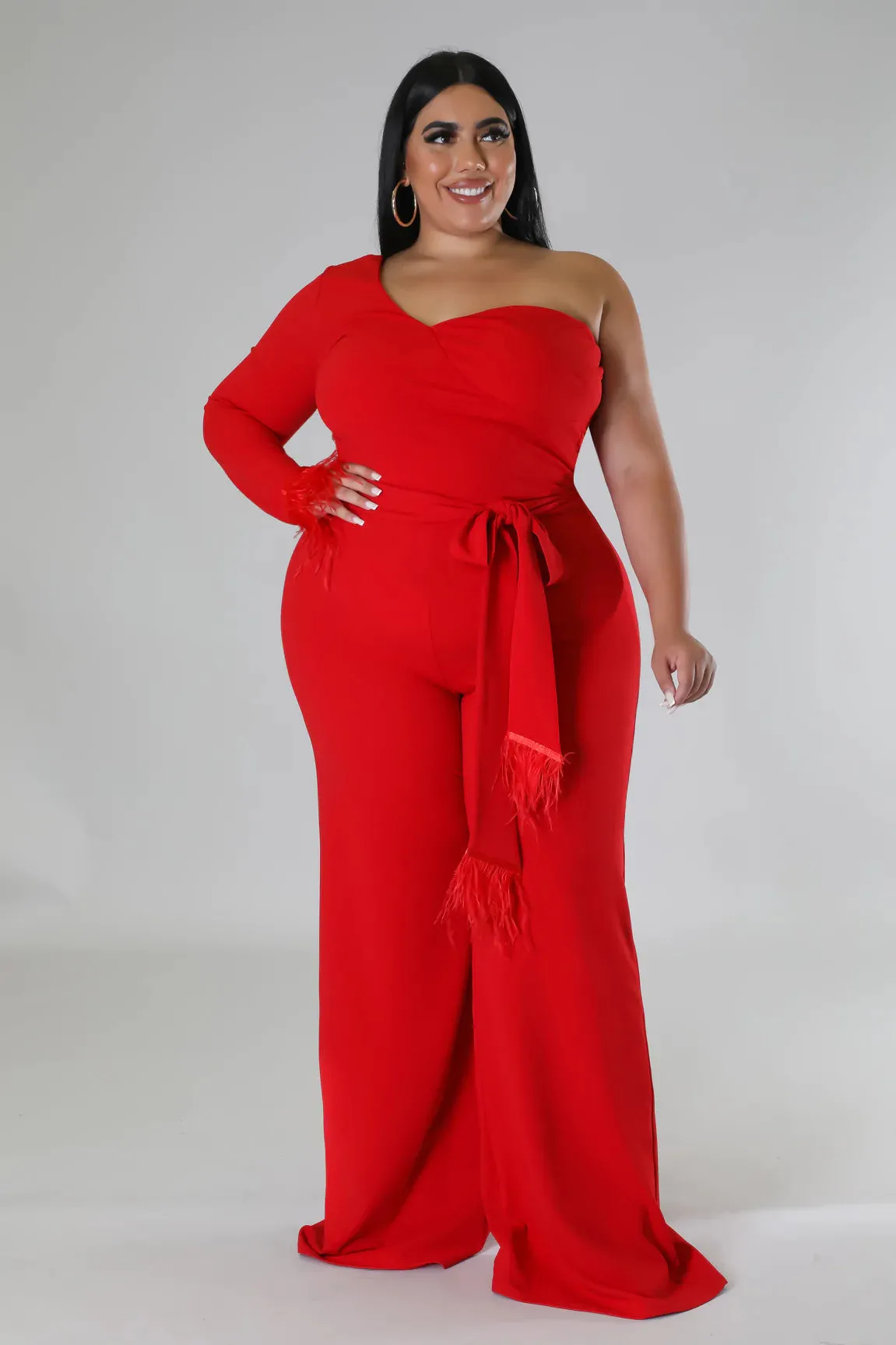 Royal Curves Scarlet Red Feather Jumpsuit