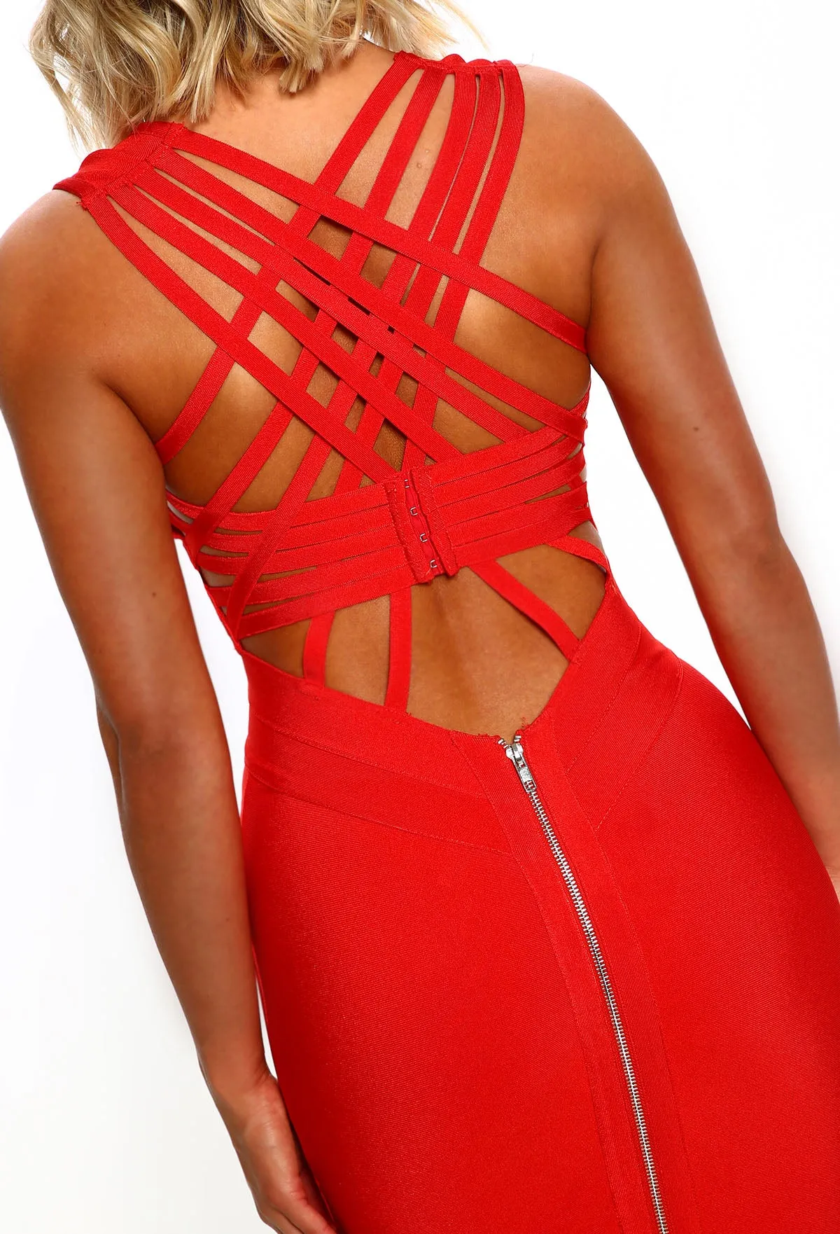 Sassy and Sweet Red Cross Strap Bandage Midi Dress