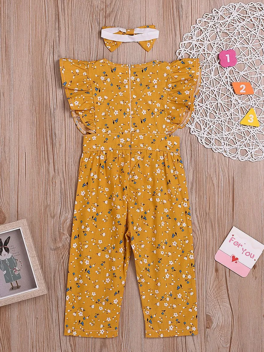 Short Flutter Sleeve Floral Commercial Baby Little Girl Jumpsuit Matching Headband