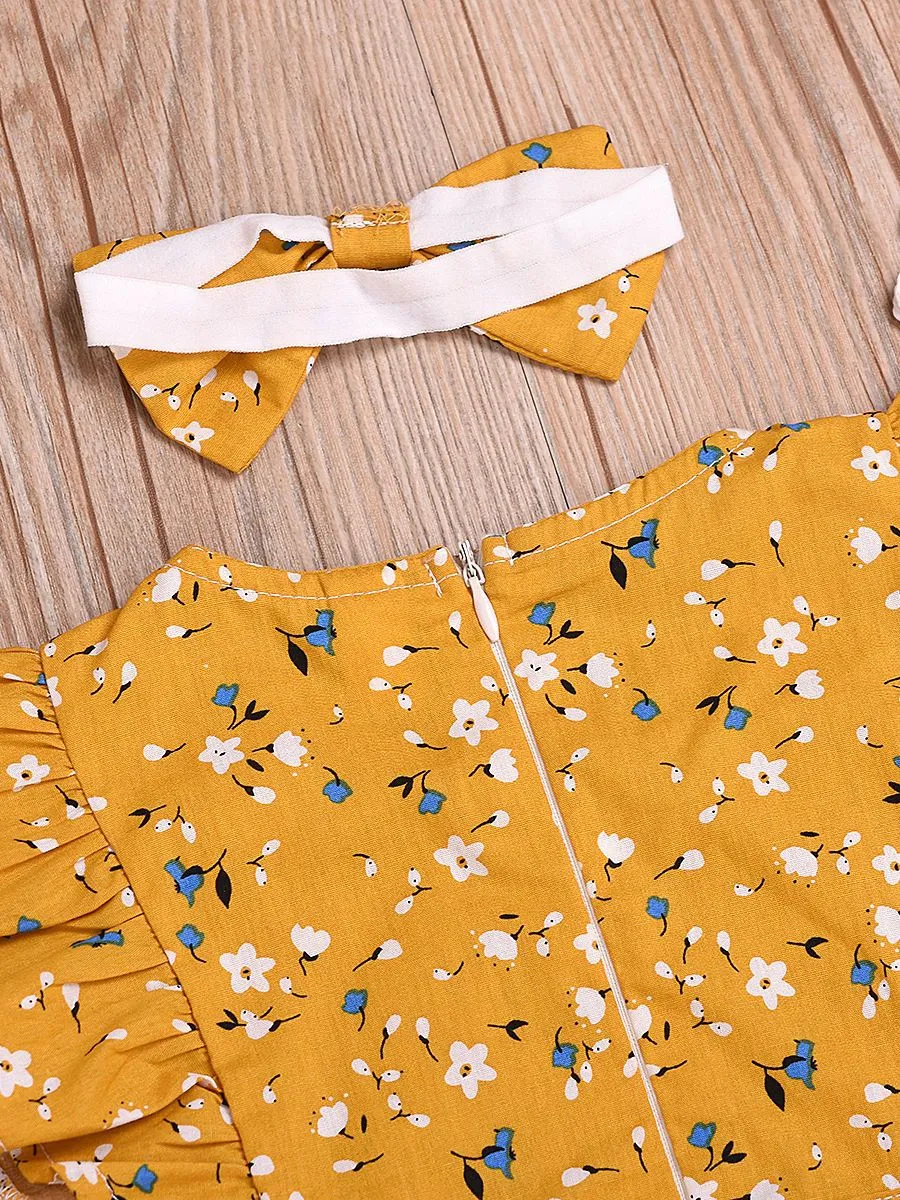Short Flutter Sleeve Floral Commercial Baby Little Girl Jumpsuit Matching Headband