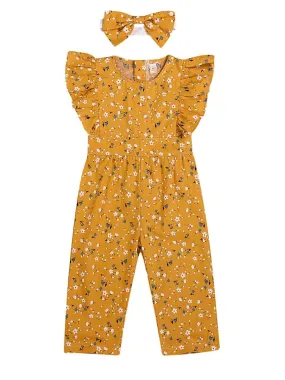 Short Flutter Sleeve Floral Commercial Baby Little Girl Jumpsuit Matching Headband