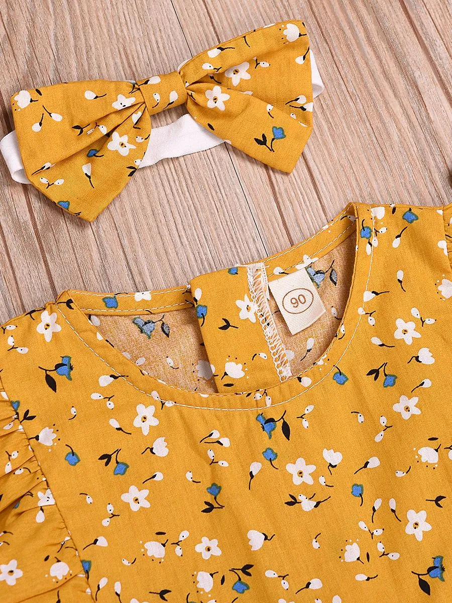 Short Flutter Sleeve Floral Commercial Baby Little Girl Jumpsuit Matching Headband
