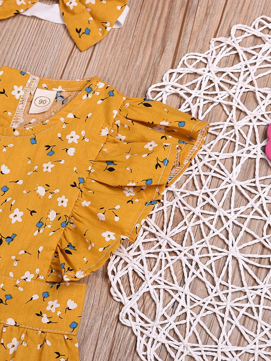 Short Flutter Sleeve Floral Commercial Baby Little Girl Jumpsuit Matching Headband