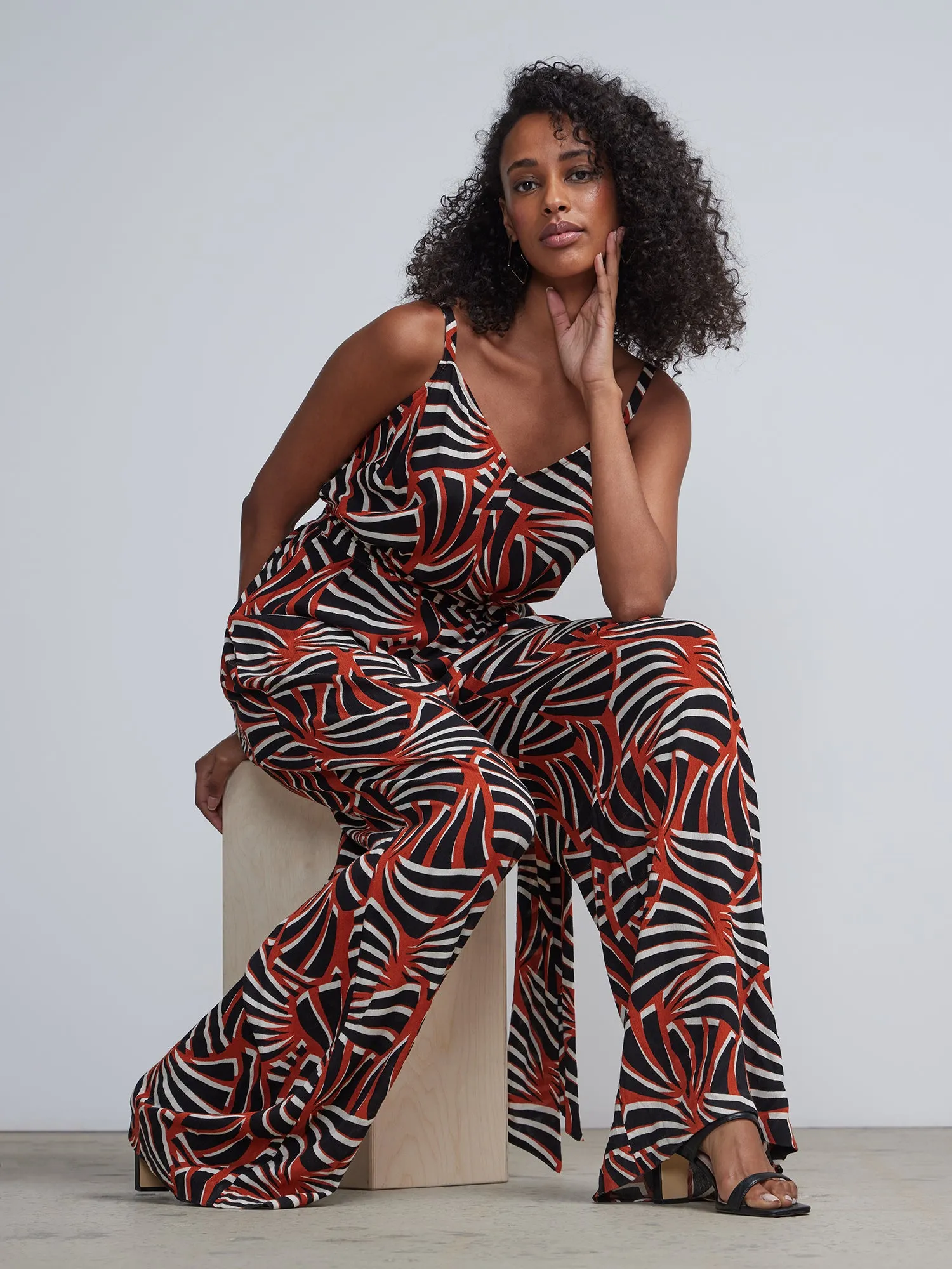 Sleeveless Leaf Print Jumpsuit