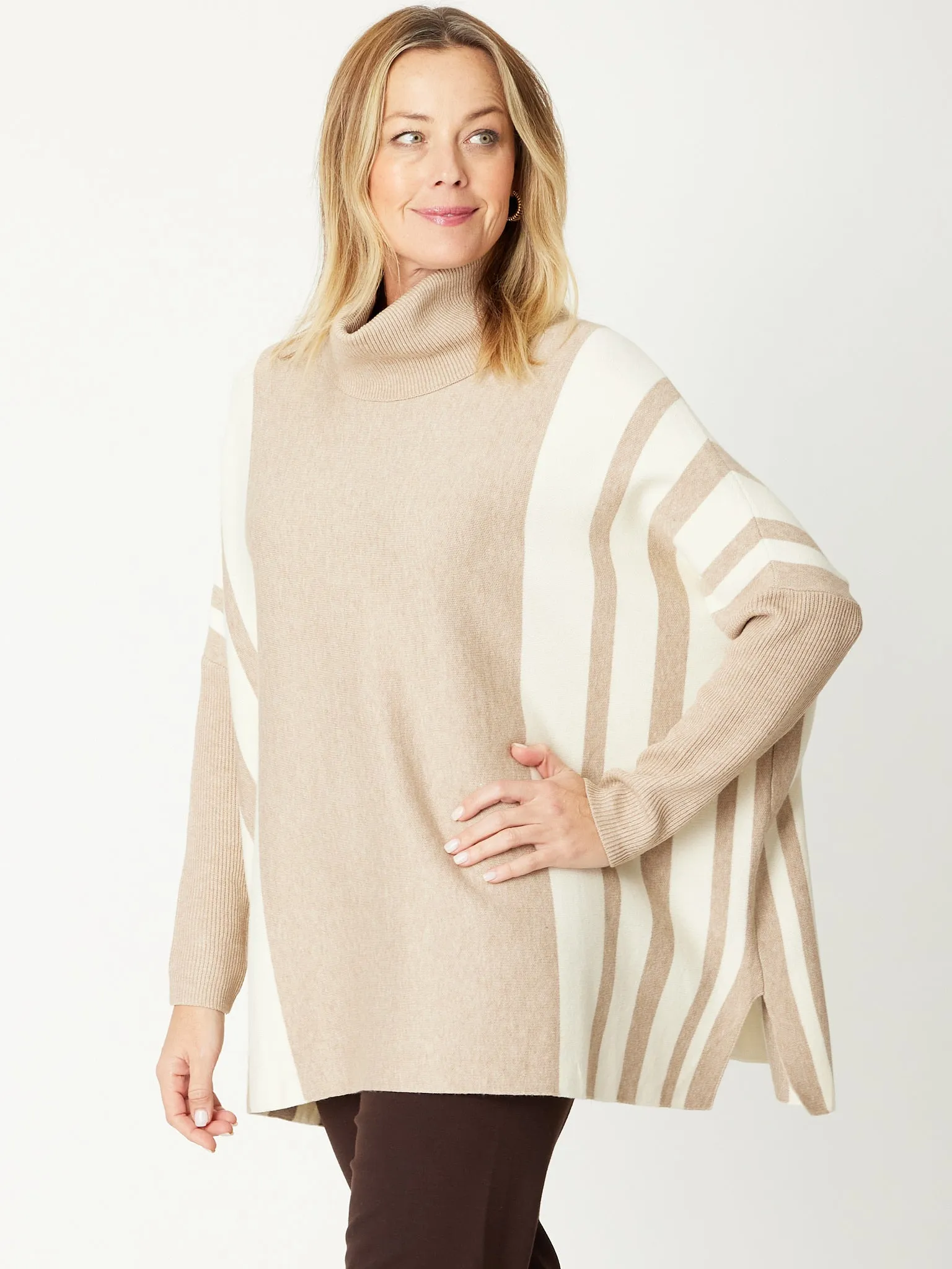 Stripe High Cowl Tunic- Beige/Ivory - 31193