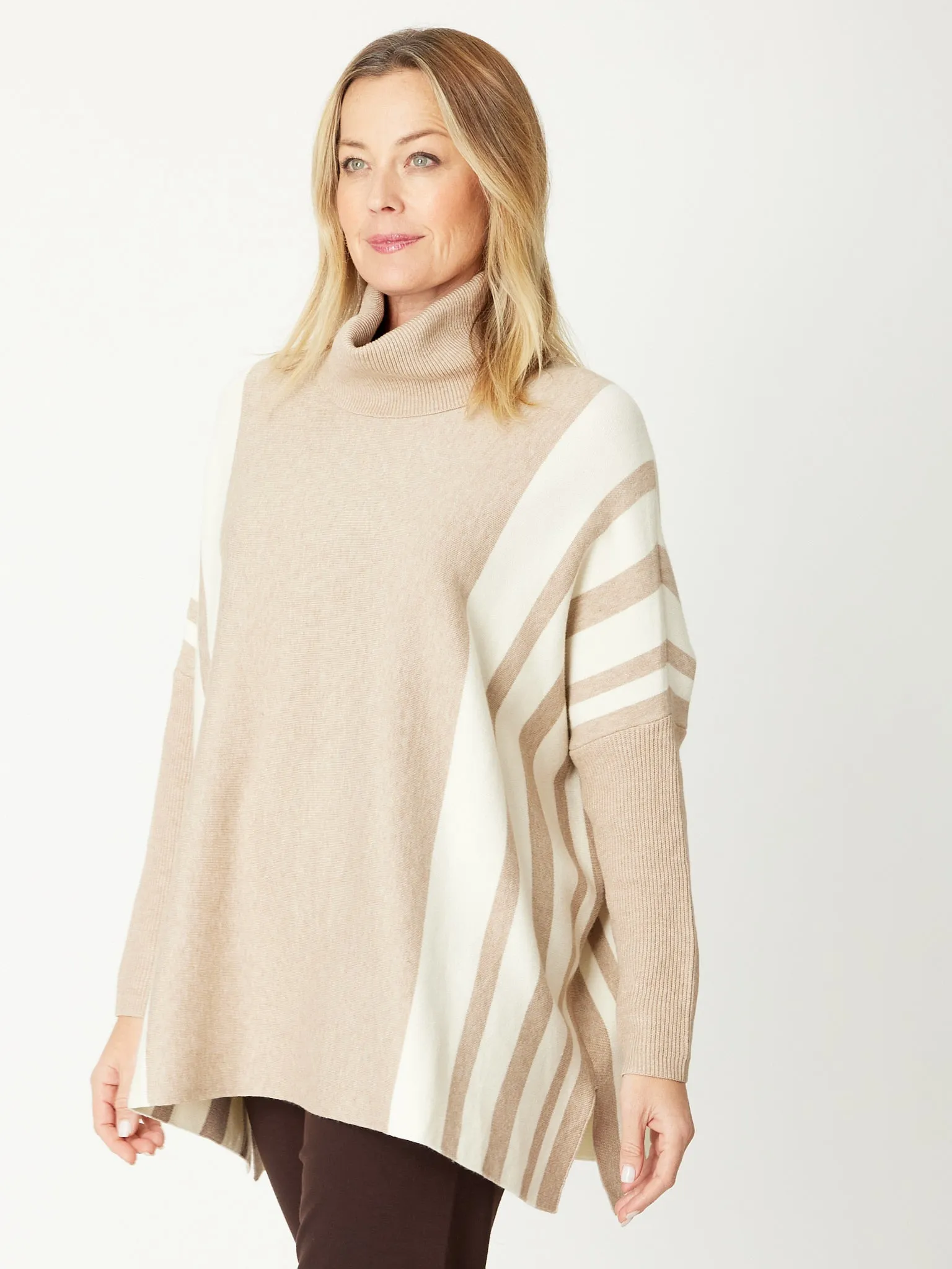 Stripe High Cowl Tunic- Beige/Ivory - 31193