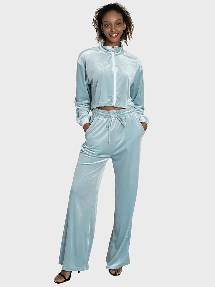 Velvet Casual Semi-Cropped Jacket & Elastic Waist Wide-Leg Trousers Set