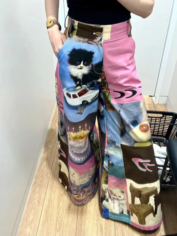 Vevesc American Street Cute Cartoon Print Pants for Women 2024 New Loose Wide Leg  Y2k Grunge High Waist Straight Trousers