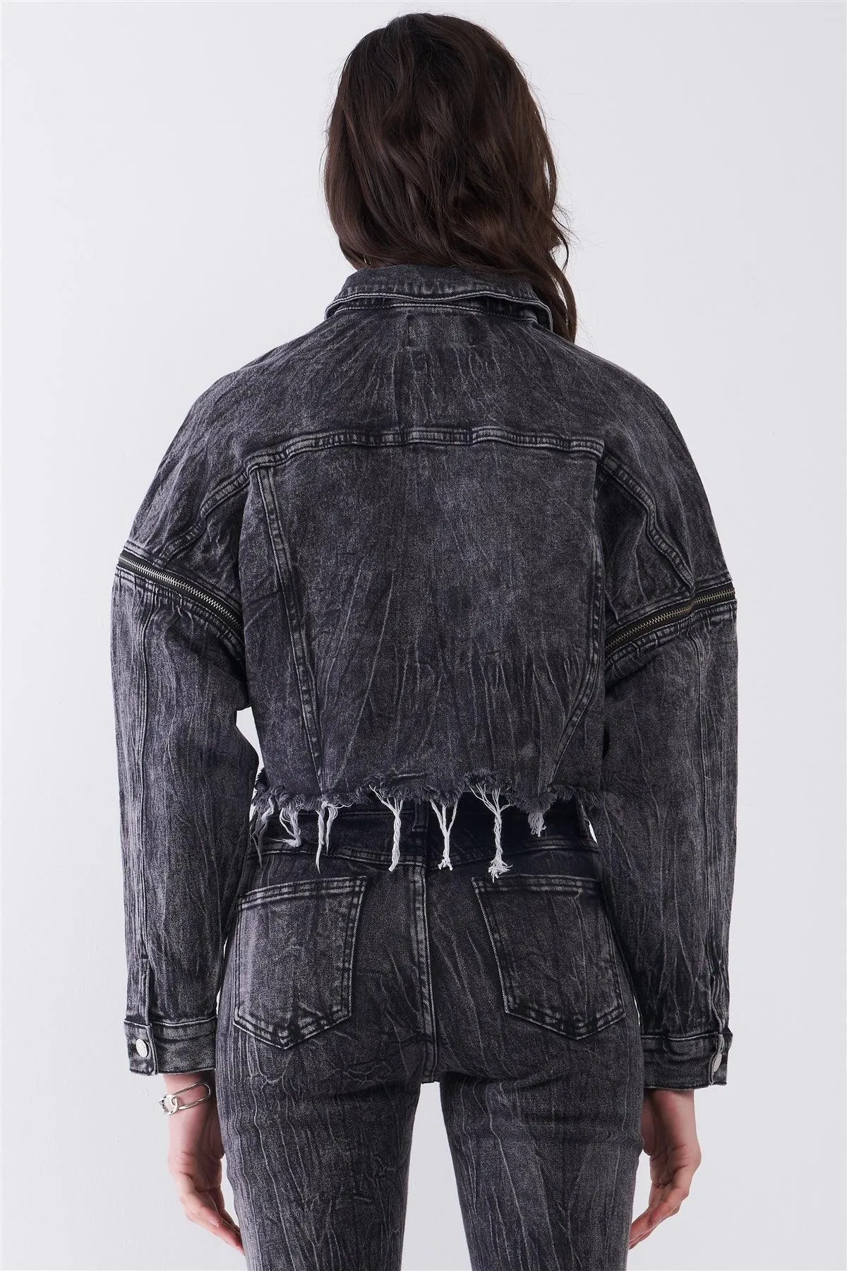Washed Black Wrinkled Denim Raw Hem Detachable Balloon Sleeve Detail Button-Down Convertible Cropped Jacket /3-2-1