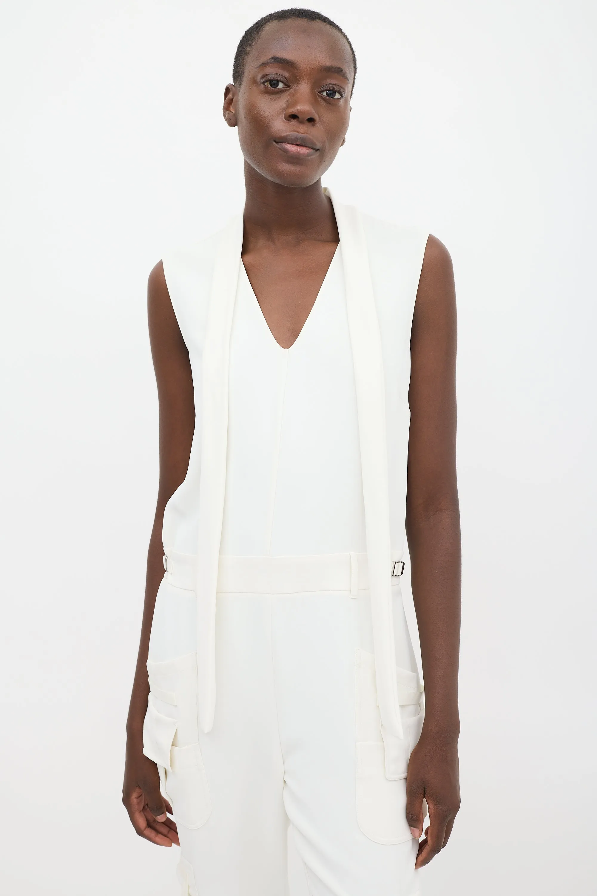 White Sleeveless Cargo Jumpsuit