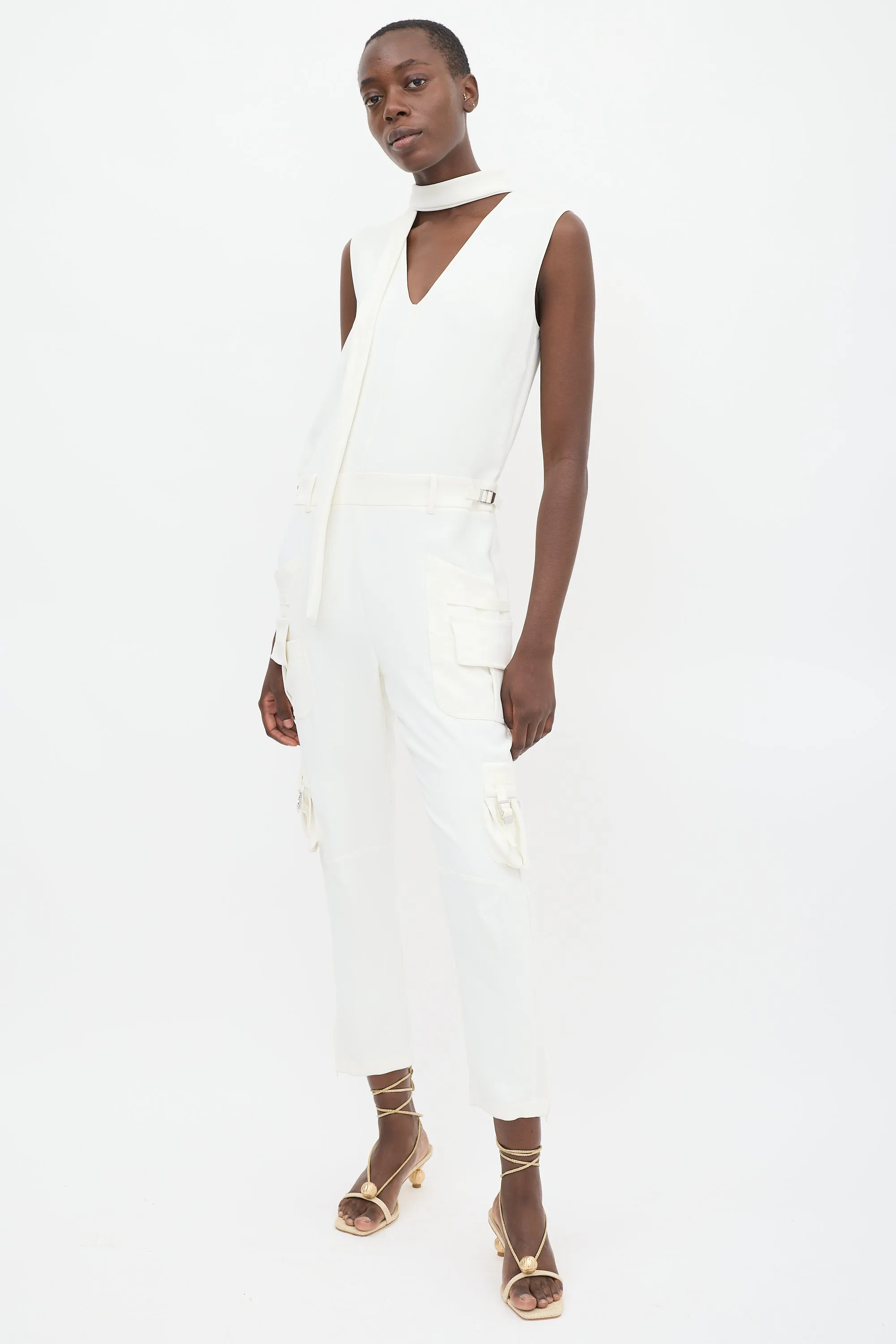 White Sleeveless Cargo Jumpsuit