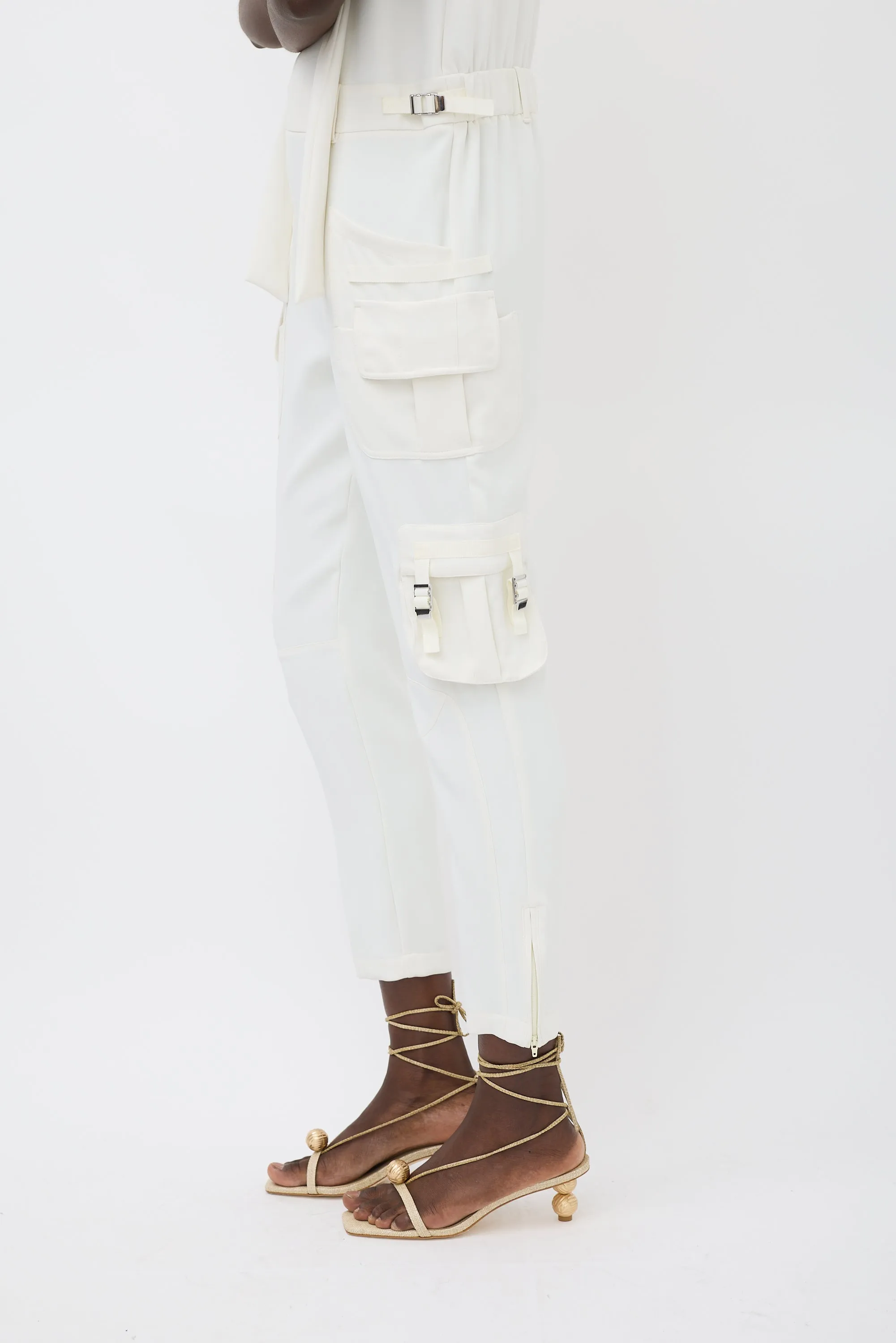 White Sleeveless Cargo Jumpsuit