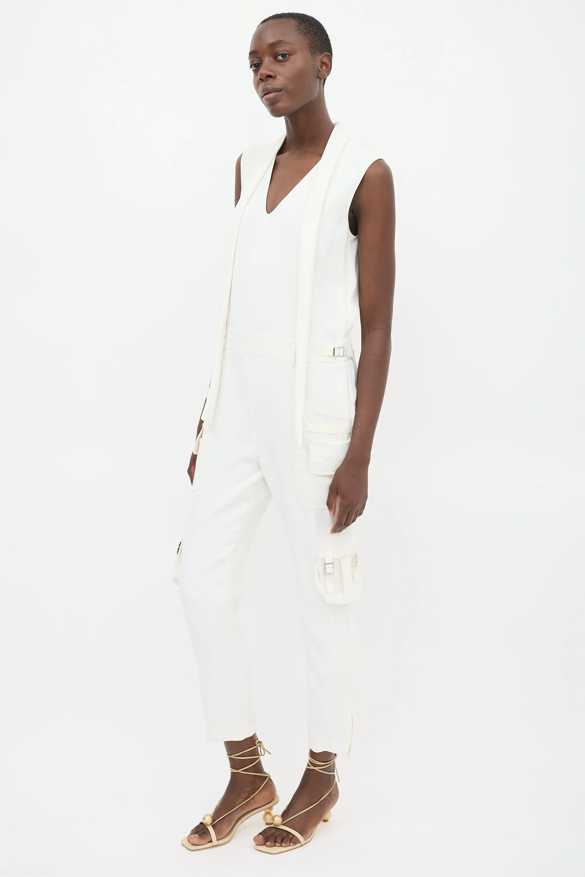 White Sleeveless Cargo Jumpsuit