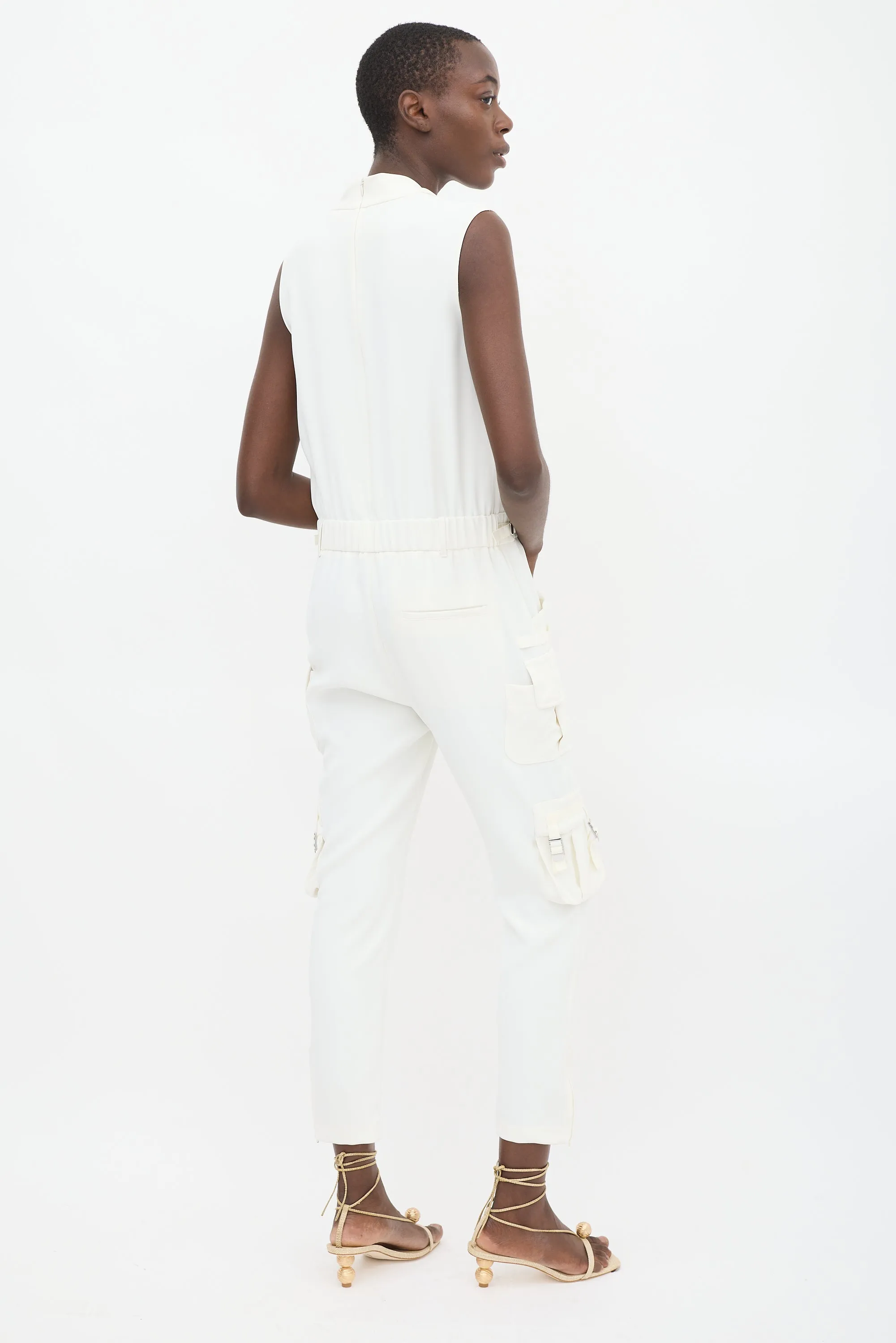 White Sleeveless Cargo Jumpsuit