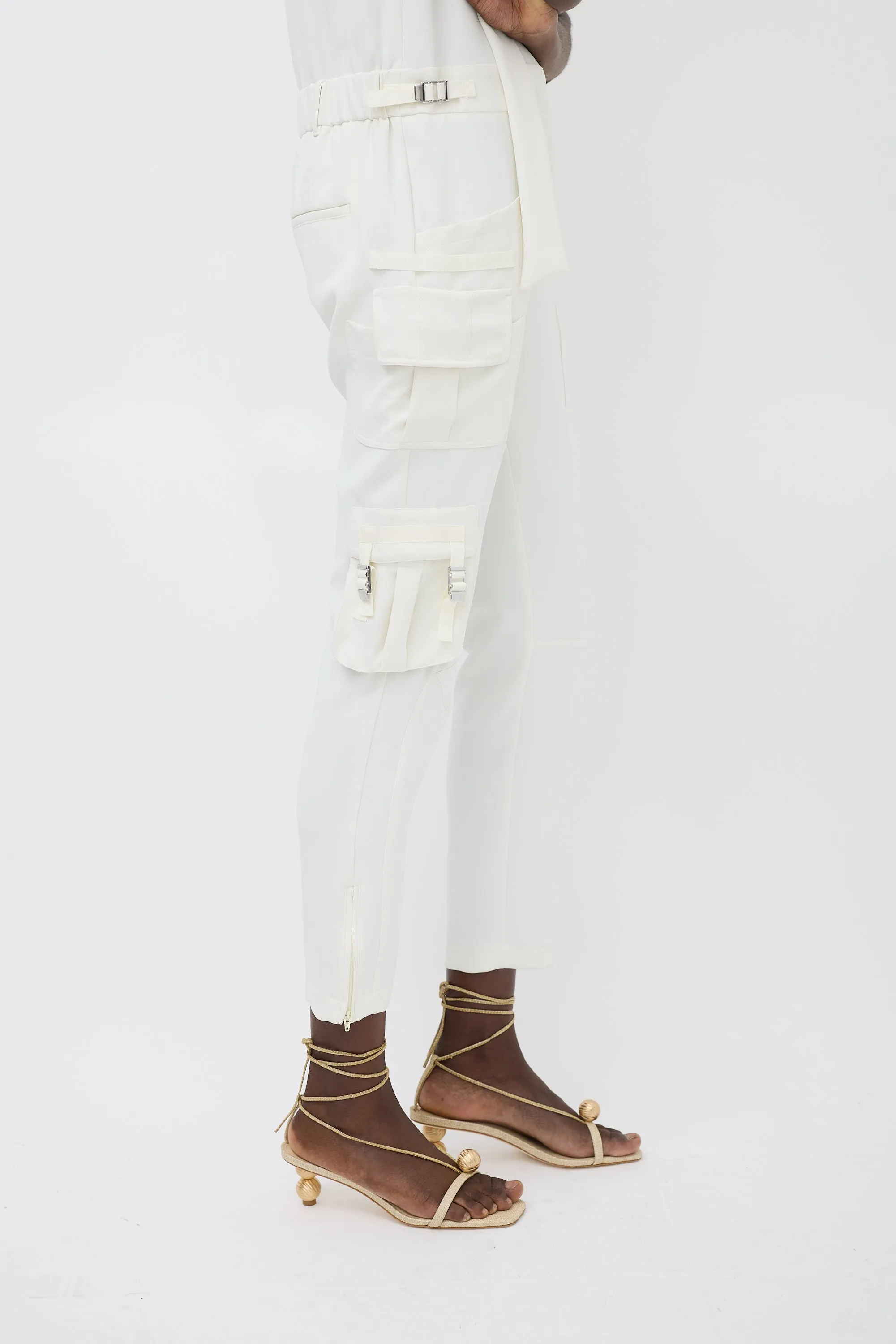 White Sleeveless Cargo Jumpsuit