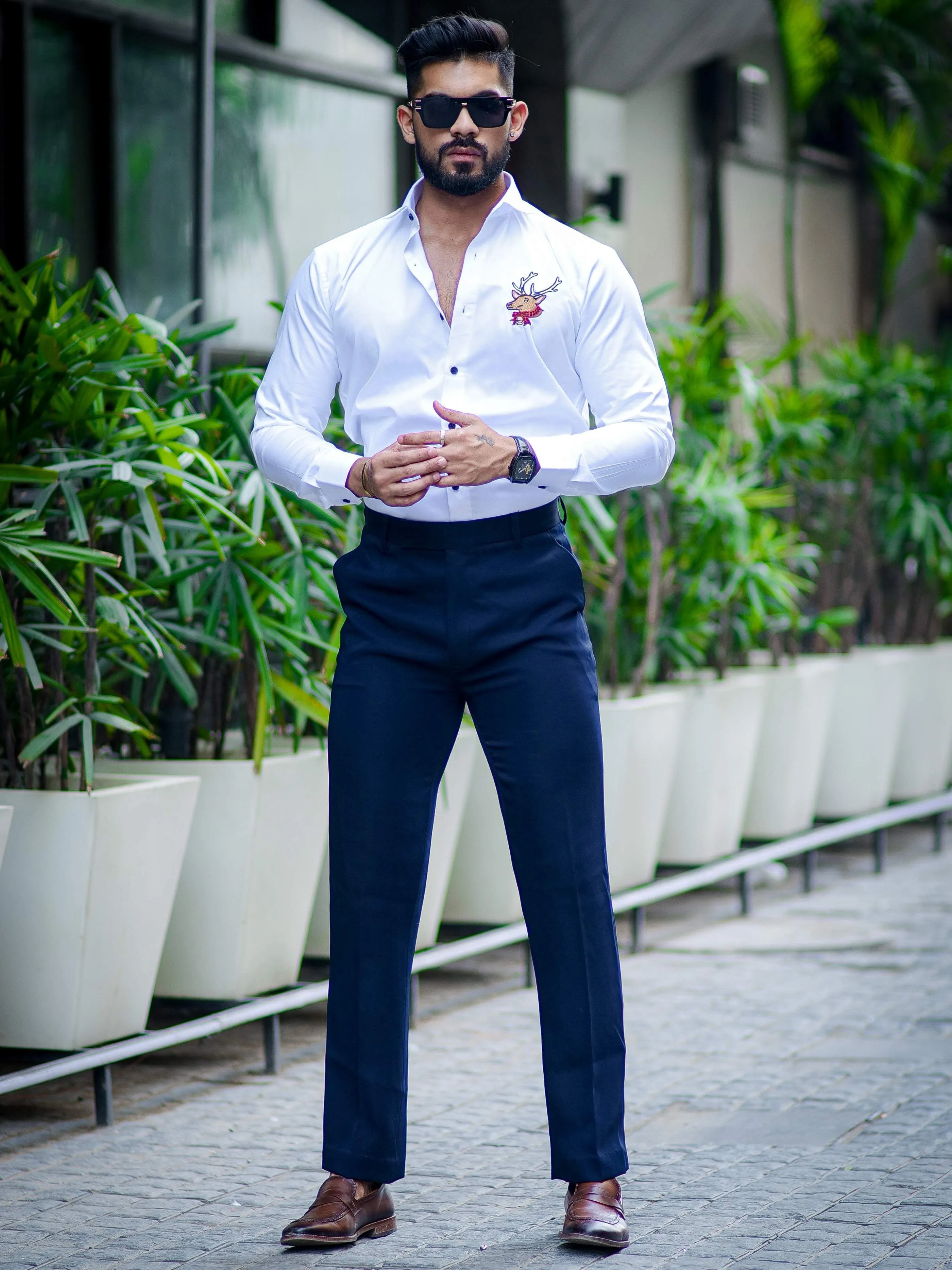 White Subtle Sheen Deer Embroidered Luxury Premium Satin Cotton Shirt