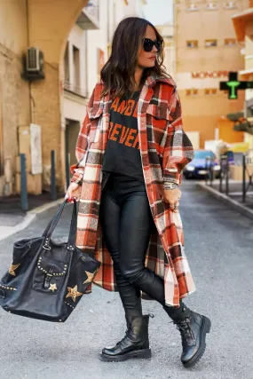 Winter Outfots Plaid Button Down Pocketed Shacket Jacket Coats Women