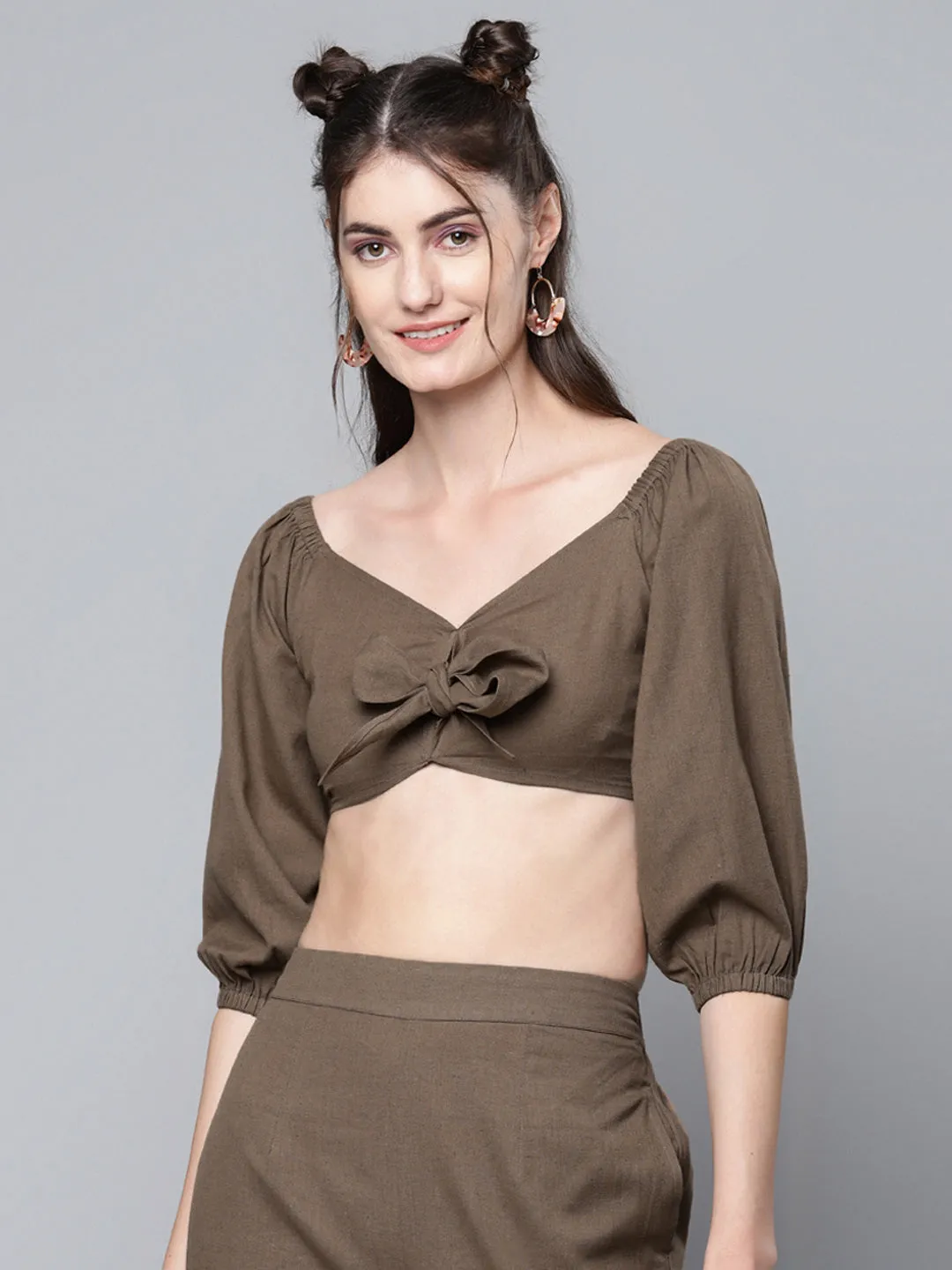 Women Brown Cotton Linen Tie-Up Crop Top