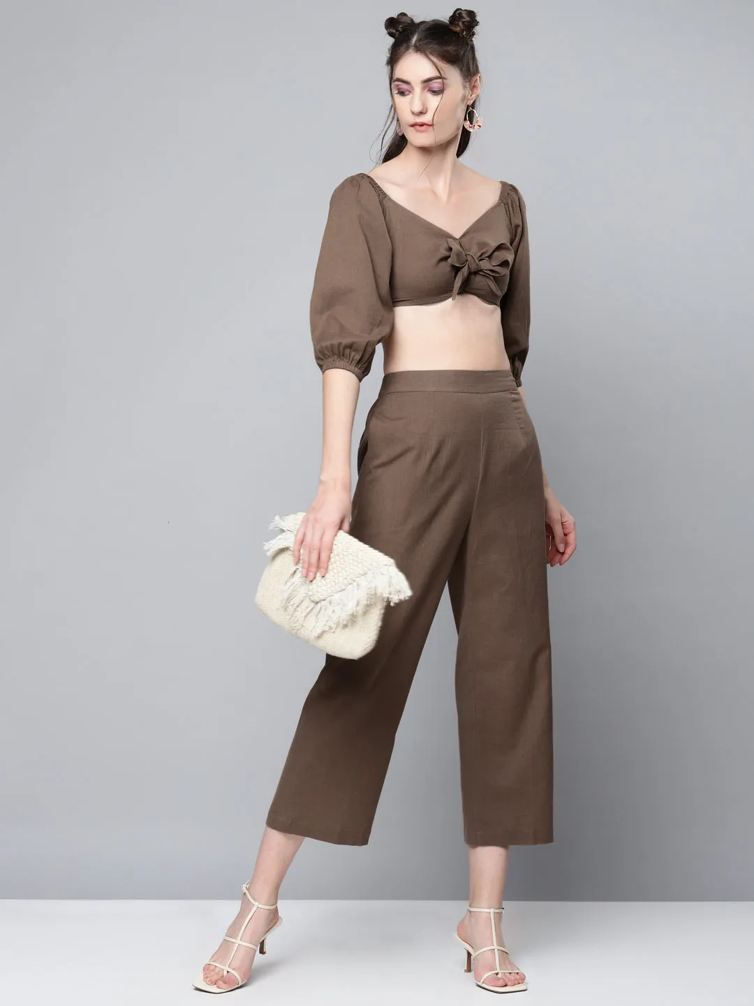 Women Brown Cotton Linen Tie-Up Crop Top
