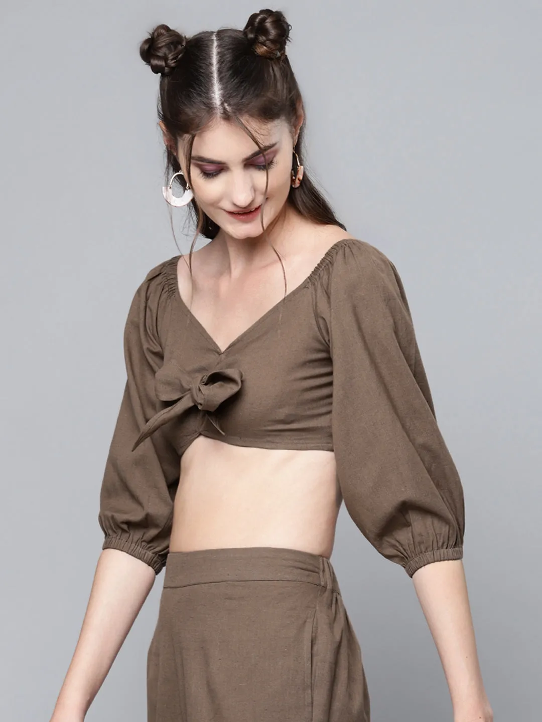 Women Brown Cotton Linen Tie-Up Crop Top