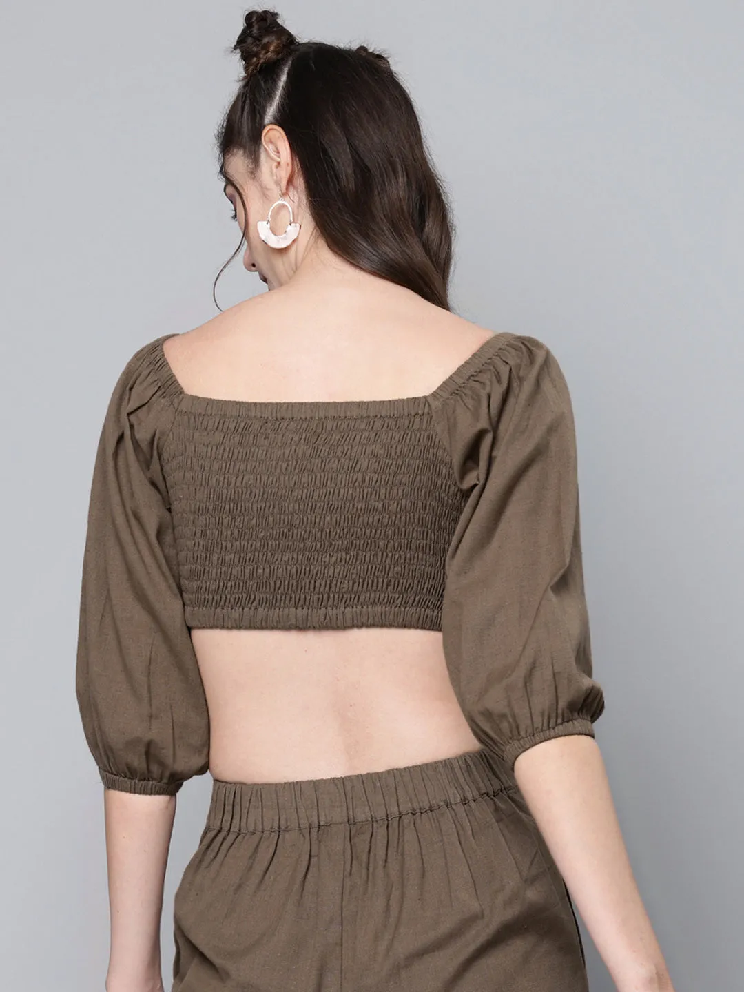 Women Brown Cotton Linen Tie-Up Crop Top