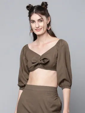 Women Brown Cotton Linen Tie-Up Crop Top