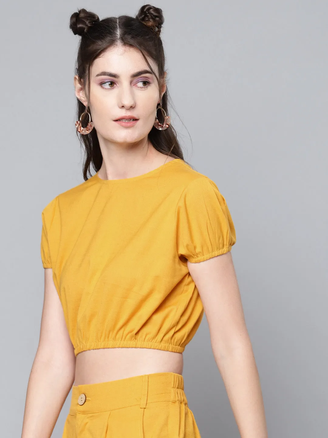 Women Mustard Cotton Linen Crop Top
