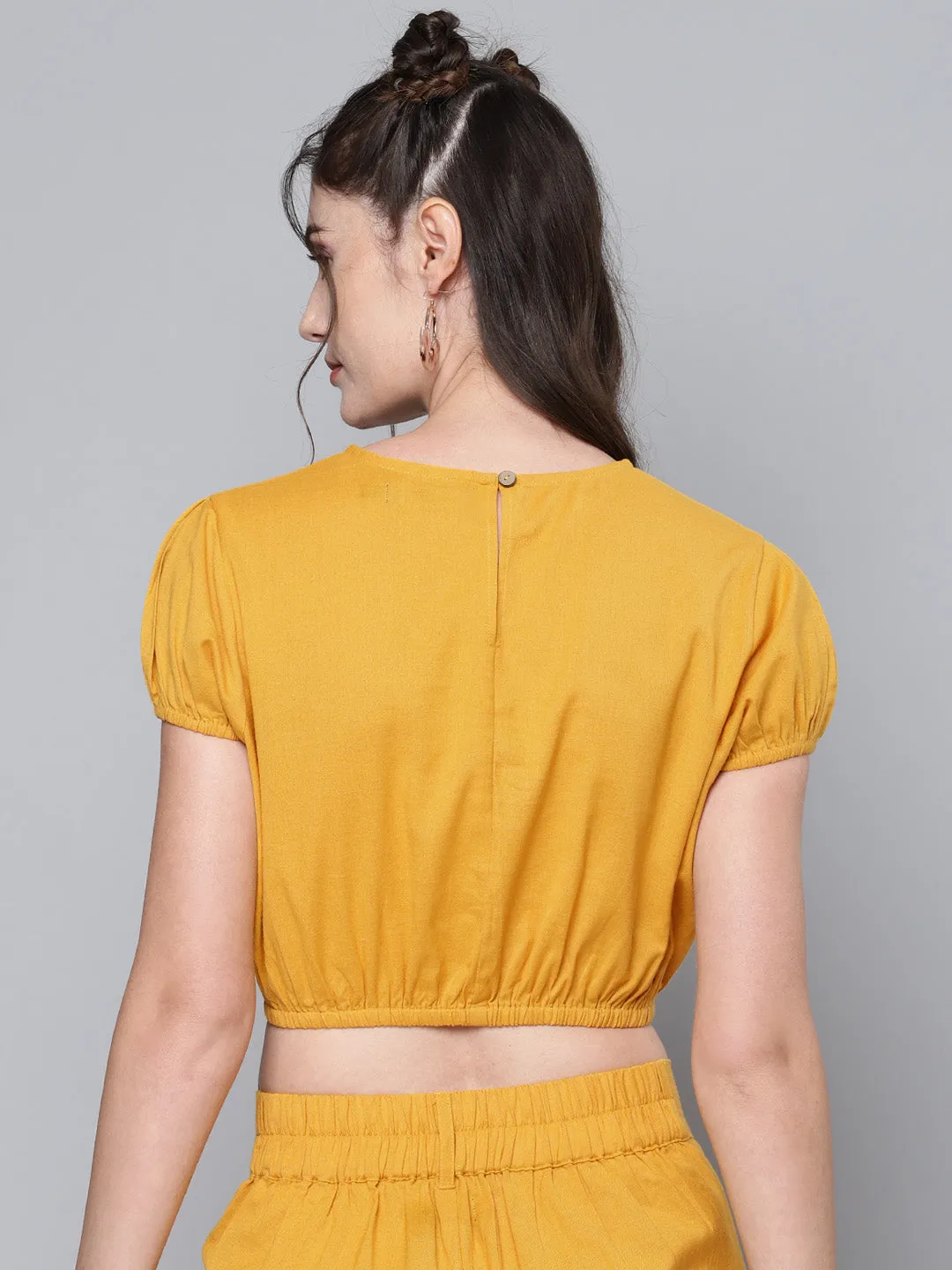 Women Mustard Cotton Linen Crop Top