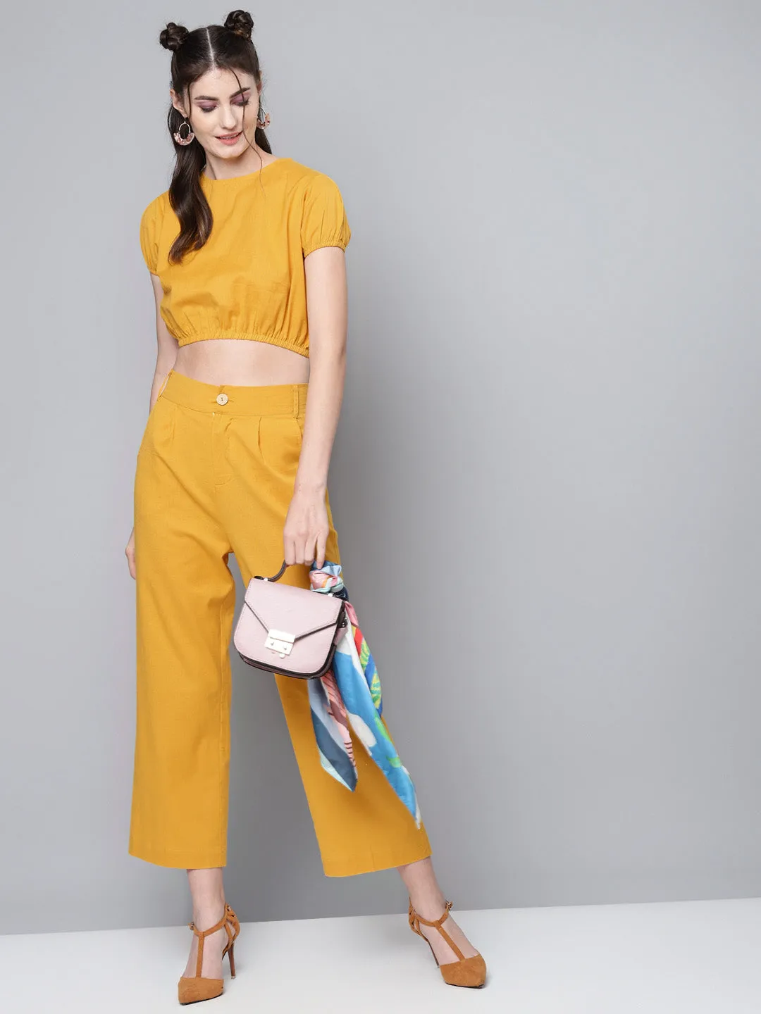 Women Mustard Cotton Linen Crop Top