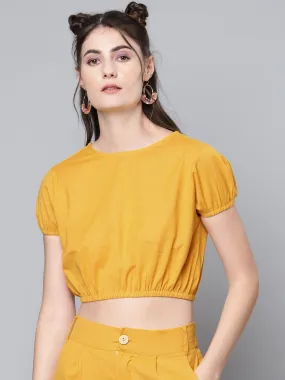 Women Mustard Cotton Linen Crop Top