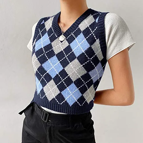 Women Streetwear Preppy Style Knitwear Tank Top V Neck Argyle Plaid Knitted Sweater Vest (Indigo/Blue/Grey-Checkered,Small)