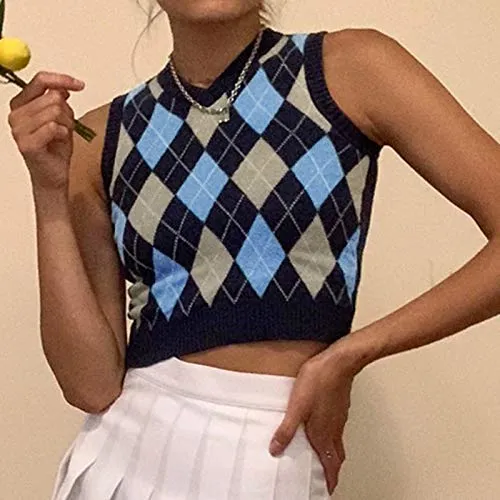 Women Streetwear Preppy Style Knitwear Tank Top V Neck Argyle Plaid Knitted Sweater Vest (Indigo/Blue/Grey-Checkered,Small)