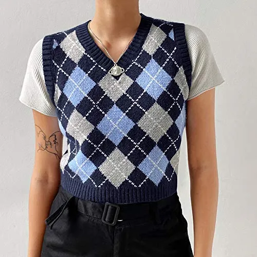 Women Streetwear Preppy Style Knitwear Tank Top V Neck Argyle Plaid Knitted Sweater Vest (Indigo/Blue/Grey-Checkered,Small)