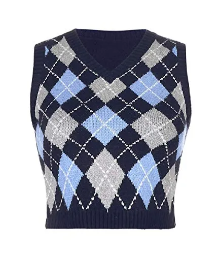 Women Streetwear Preppy Style Knitwear Tank Top V Neck Argyle Plaid Knitted Sweater Vest (Indigo/Blue/Grey-Checkered,Small)
