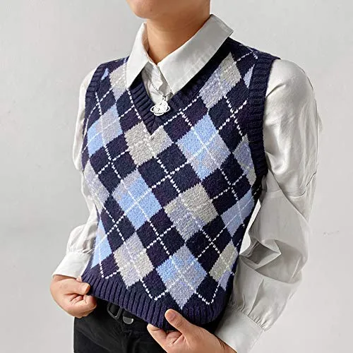 Women Streetwear Preppy Style Knitwear Tank Top V Neck Argyle Plaid Knitted Sweater Vest (Indigo/Blue/Grey-Checkered,Small)