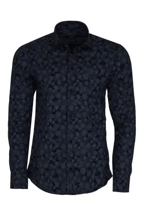 WSS Bloom Patterned Dark Blue Slim Fir Shirt  - Singen