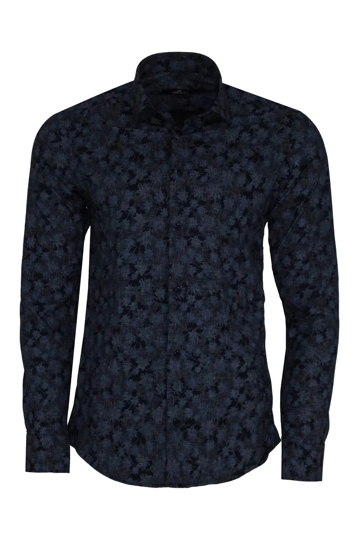 WSS Bloom Patterned Dark Blue Slim Fir Shirt  - Singen