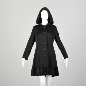 XS 1970s Black Fur Lined Hood Winter Coat Faux Fur Trim Heavyweight Car Coat